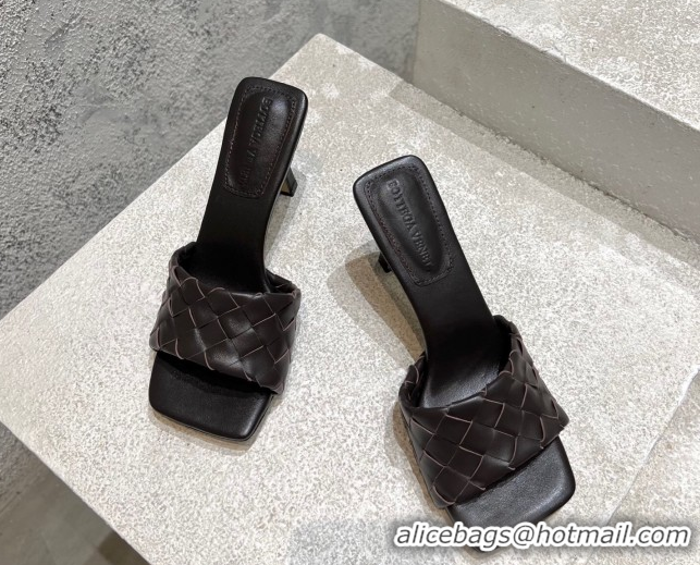 Charming Bottega Veneta Parco Square Heel Slides Sandals 9cm in Soft Intrecciato Leather Fondant Brown 837737