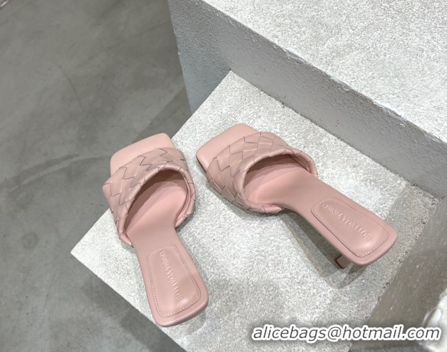 Hot Style Bottega Veneta Parco Square Heel Slides Sandals 9cm in Soft Intrecciato Leather Light Pink 2025 837737