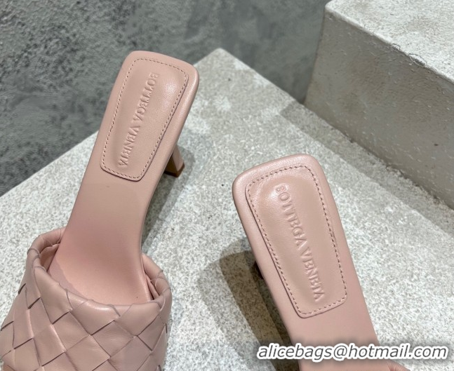 Hot Style Bottega Veneta Parco Square Heel Slides Sandals 9cm in Soft Intrecciato Leather Light Pink 2025 837737