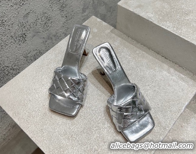 Cheap Price Bottega Veneta Parco Square Heel Slides Sandals 9cm in Soft Intrecciato Leather Silver 837737 0604022