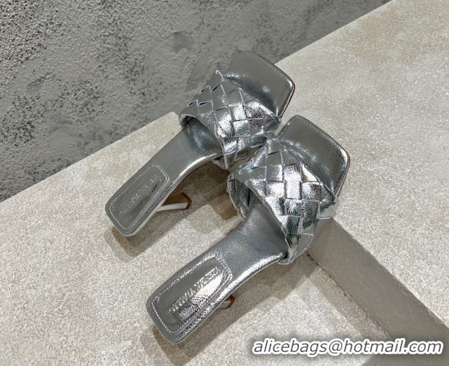 Cheap Price Bottega Veneta Parco Square Heel Slides Sandals 9cm in Soft Intrecciato Leather Silver 837737 0604022