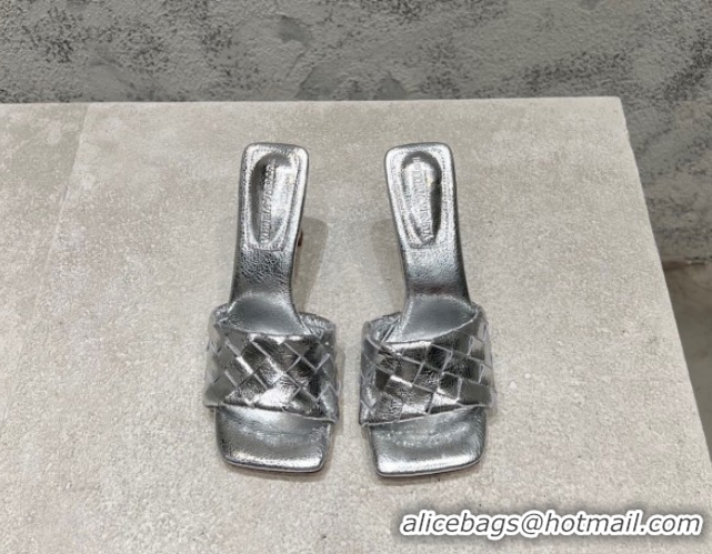 Cheap Price Bottega Veneta Parco Square Heel Slides Sandals 9cm in Soft Intrecciato Leather Silver 837737 0604022