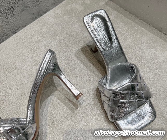 Cheap Price Bottega Veneta Parco Square Heel Slides Sandals 9cm in Soft Intrecciato Leather Silver 837737 0604022