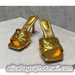 Top Grade Bottega Veneta Parco Square Heel Slides Sandals 9cm in Soft Intrecciato Leather Gold 2025 837737 0604023