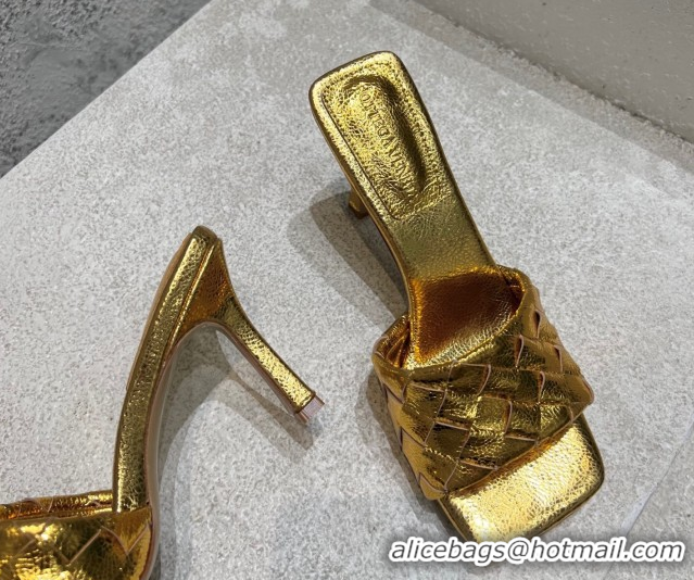 Top Grade Bottega Veneta Parco Square Heel Slides Sandals 9cm in Soft Intrecciato Leather Gold 2025 837737 0604023