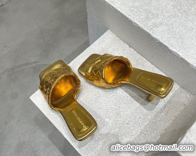 Top Grade Bottega Veneta Parco Square Heel Slides Sandals 9cm in Soft Intrecciato Leather Gold 2025 837737 0604023