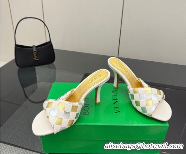 Unique Style Bottega Veneta Blink Heel Slides Sandals 9.5cm in Vichy Intrecciato Leather with Folded Detail Nude 0604024
