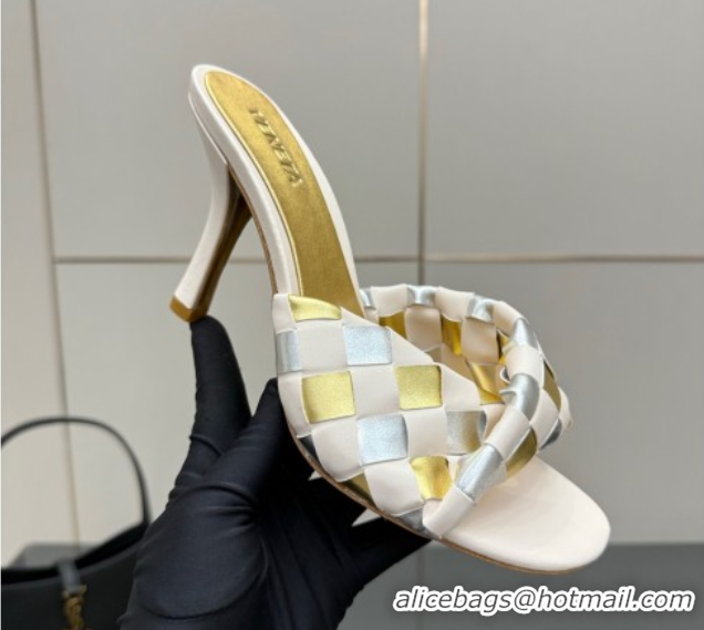 Unique Style Bottega Veneta Blink Heel Slides Sandals 9.5cm in Vichy Intrecciato Leather with Folded Detail Nude 0604024