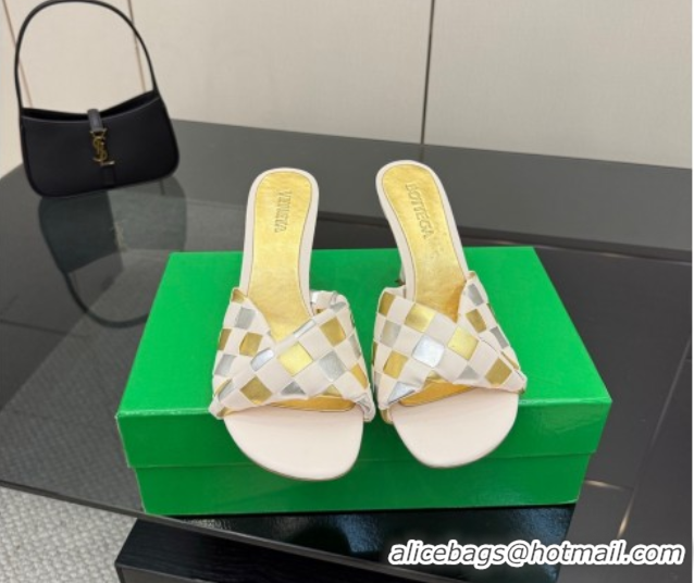 Unique Style Bottega Veneta Blink Heel Slides Sandals 9.5cm in Vichy Intrecciato Leather with Folded Detail Nude 0604024