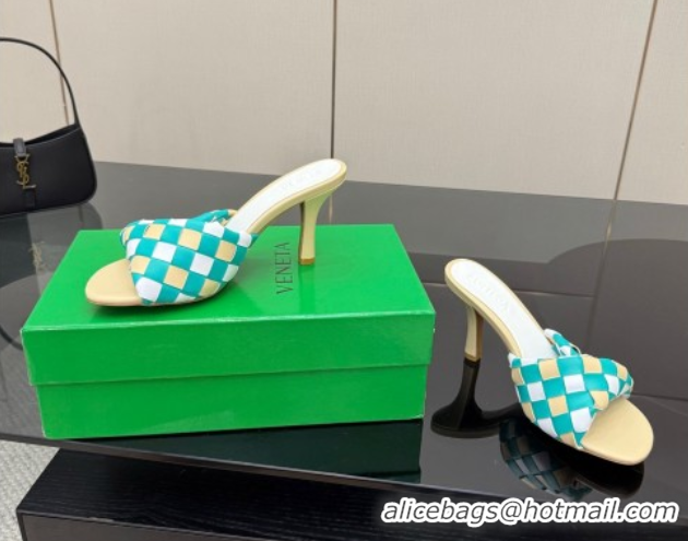 Pretty Style Bottega Veneta Blink Heel Slides Sandals 9.5cm in Vichy Intrecciato Leather with Folded Detail Beige 060402