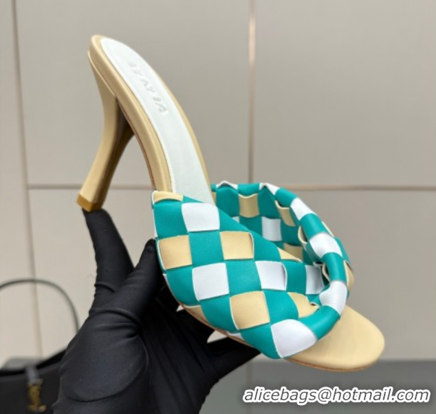 Pretty Style Bottega Veneta Blink Heel Slides Sandals 9.5cm in Vichy Intrecciato Leather with Folded Detail Beige 060402