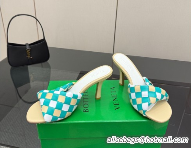 Pretty Style Bottega Veneta Blink Heel Slides Sandals 9.5cm in Vichy Intrecciato Leather with Folded Detail Beige 060402