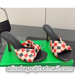 Good Looking Bottega Veneta Blink Heel Slides Sandals 9.5cm in Vichy Intrecciato Leather with Folded Detail Black 060403
