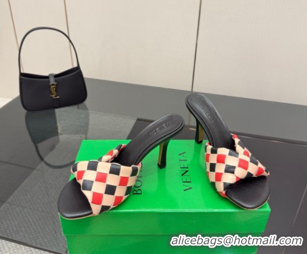 Good Looking Bottega Veneta Blink Heel Slides Sandals 9.5cm in Vichy Intrecciato Leather with Folded Detail Black 060403
