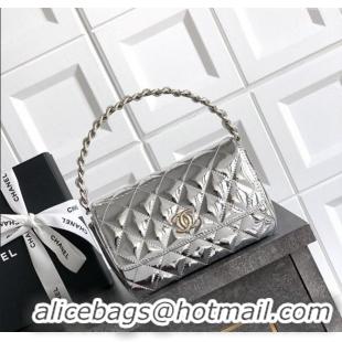 Super Quality Chanel Patent Calfskin Mini Flap Bag with Top Handle Bag 0702 Silver 2025