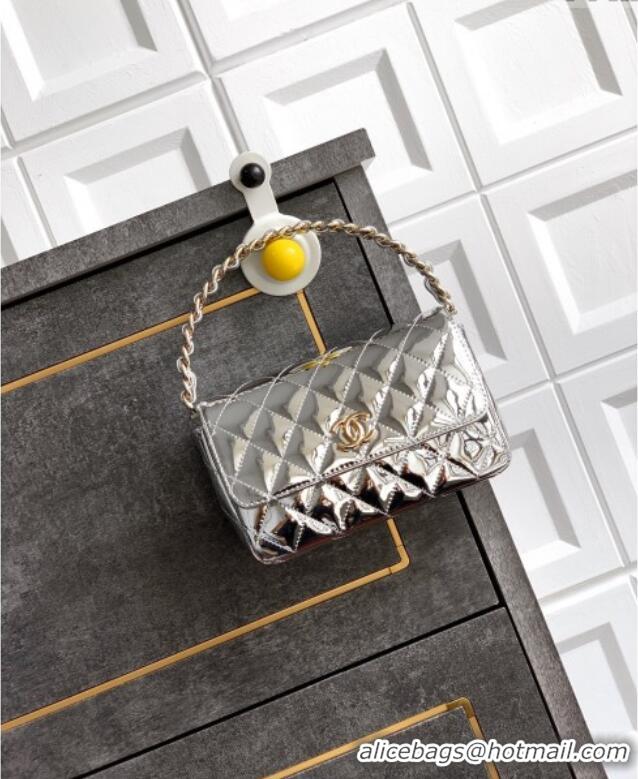 Super Quality Chanel Patent Calfskin Mini Flap Bag with Top Handle Bag 0702 Silver 2025