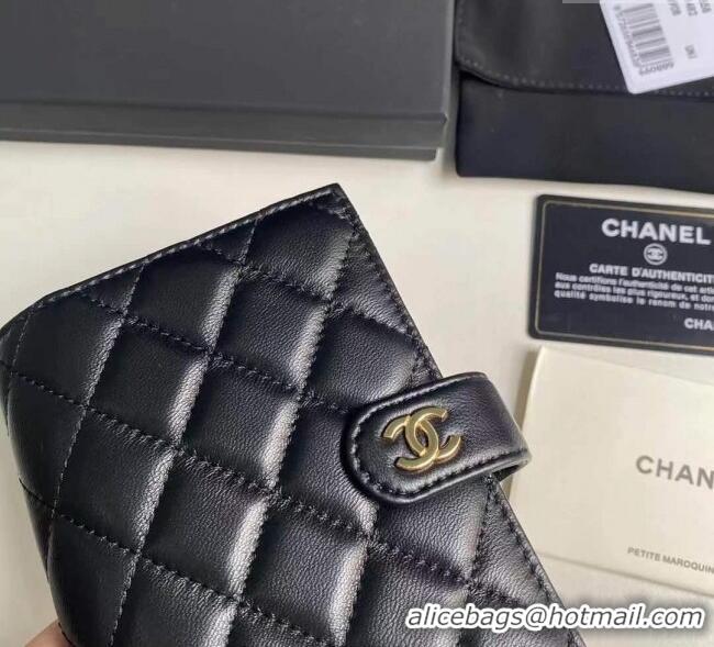 Good Quality Chanel Lambskin Passport Cover A3658 Black/Gold 2025