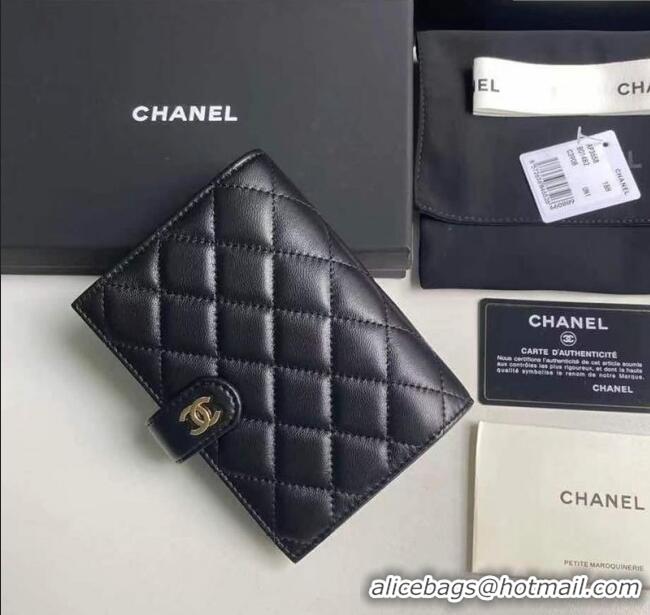 Good Quality Chanel Lambskin Passport Cover A3658 Black/Gold 2025