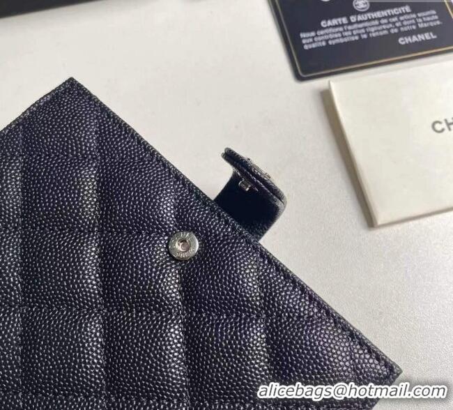 Good Quality Chanel Grained Calfskin Passport Cover A3658 Black/Silver 2025