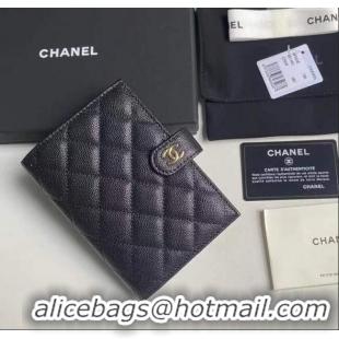 Top Grade Chanel Grained Calfskin Passport Cover A3658 Black/Gold 2025