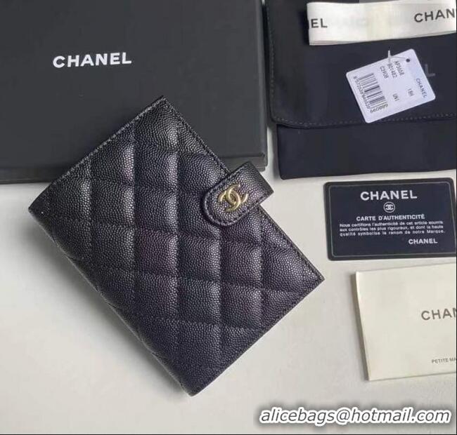 Top Grade Chanel Grained Calfskin Passport Cover A3658 Black/Gold 2025