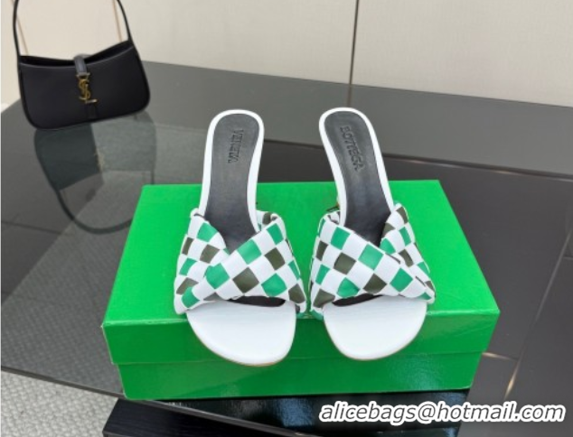 Luxurious Bottega Veneta Blink Heel Slides Sandals 9.5cm in Vichy Intrecciato Leather with Folded Detail Green 0604033