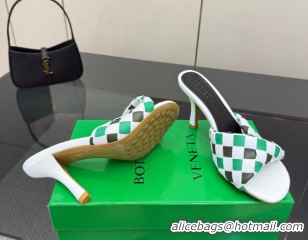 Luxurious Bottega Veneta Blink Heel Slides Sandals 9.5cm in Vichy Intrecciato Leather with Folded Detail Green 0604033