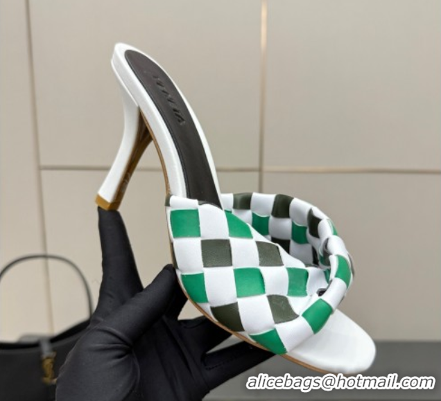 Luxurious Bottega Veneta Blink Heel Slides Sandals 9.5cm in Vichy Intrecciato Leather with Folded Detail Green 0604033