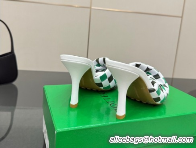 Luxurious Bottega Veneta Blink Heel Slides Sandals 9.5cm in Vichy Intrecciato Leather with Folded Detail Green 0604033