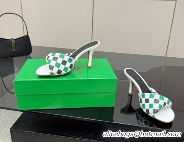 Luxurious Bottega Veneta Blink Heel Slides Sandals 9.5cm in Vichy Intrecciato Leather with Folded Detail Green 0604033