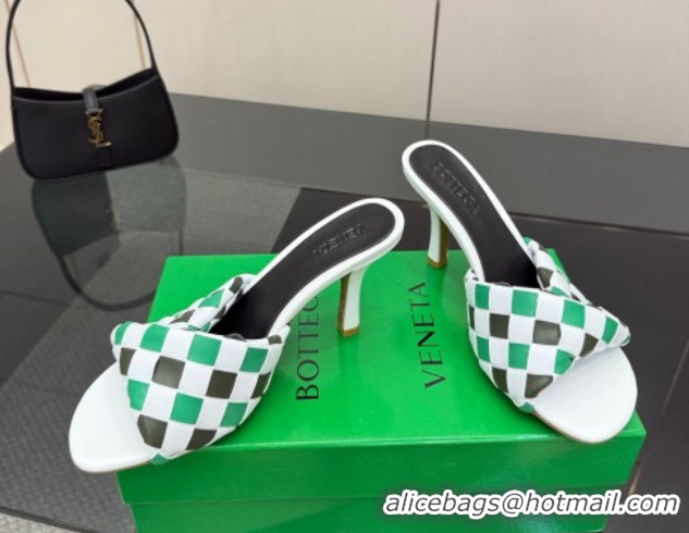 Luxurious Bottega Veneta Blink Heel Slides Sandals 9.5cm in Vichy Intrecciato Leather with Folded Detail Green 0604033