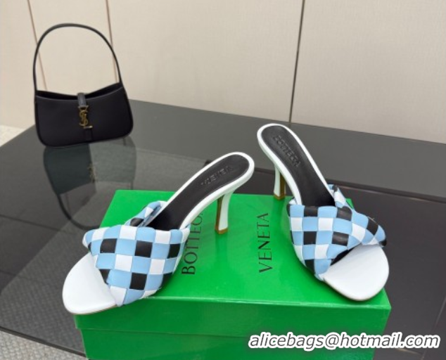 Most Popular Bottega Veneta Blink Heel Slides Sandals 9.5cm in Vichy Intrecciato Leather with Folded Detail Blue 0604036