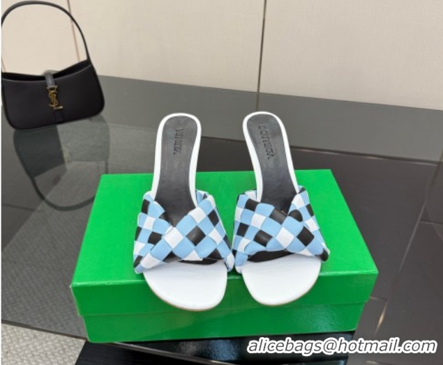 Most Popular Bottega Veneta Blink Heel Slides Sandals 9.5cm in Vichy Intrecciato Leather with Folded Detail Blue 0604036