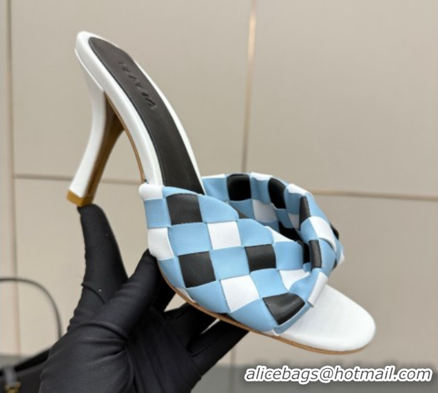 Most Popular Bottega Veneta Blink Heel Slides Sandals 9.5cm in Vichy Intrecciato Leather with Folded Detail Blue 0604036