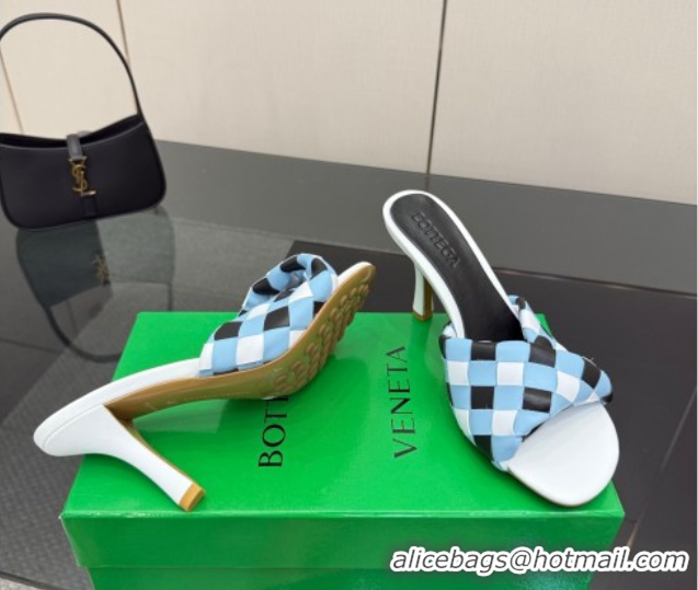 Most Popular Bottega Veneta Blink Heel Slides Sandals 9.5cm in Vichy Intrecciato Leather with Folded Detail Blue 0604036
