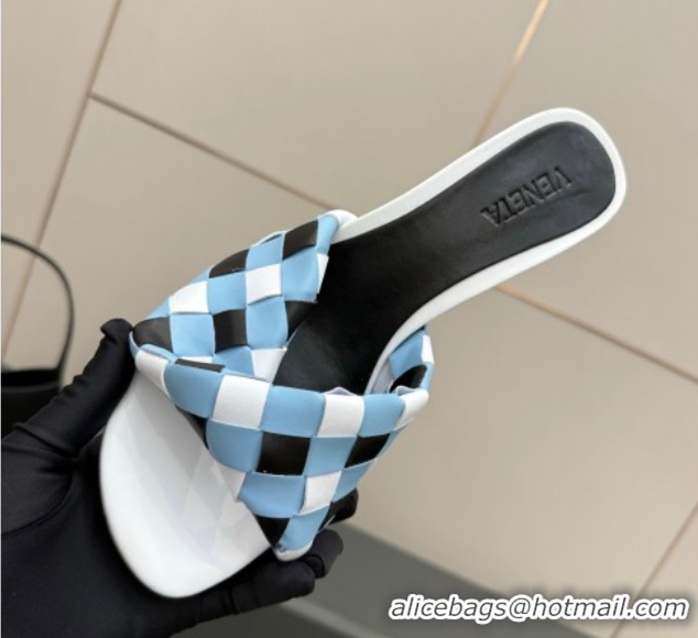 Most Popular Bottega Veneta Blink Heel Slides Sandals 9.5cm in Vichy Intrecciato Leather with Folded Detail Blue 0604036