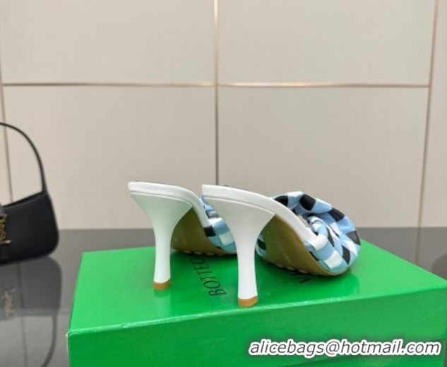 Most Popular Bottega Veneta Blink Heel Slides Sandals 9.5cm in Vichy Intrecciato Leather with Folded Detail Blue 0604036