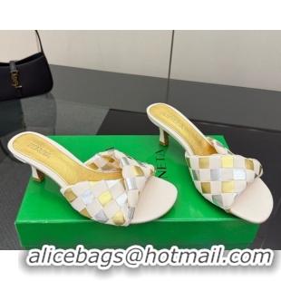 Good Quality Bottega Veneta Blink Heel Slides Sandals 6.5cm in Vichy Intrecciato Leather with Folded Detail Nude 0604025