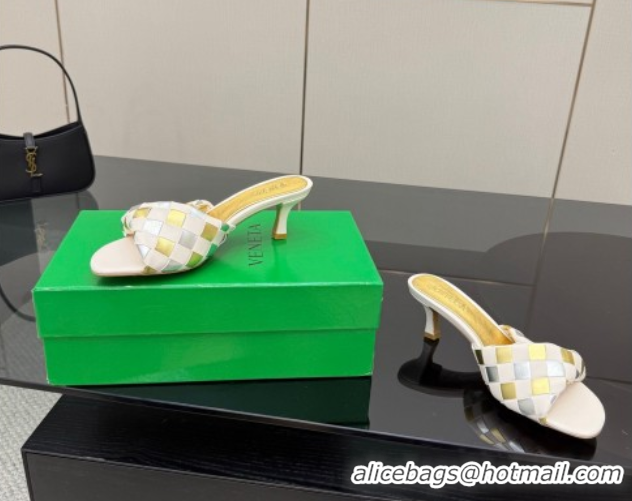 Good Quality Bottega Veneta Blink Heel Slides Sandals 6.5cm in Vichy Intrecciato Leather with Folded Detail Nude 0604025