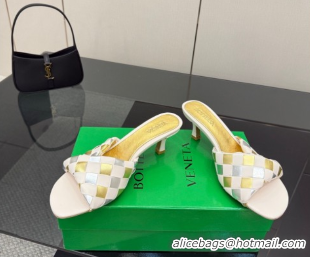 Good Quality Bottega Veneta Blink Heel Slides Sandals 6.5cm in Vichy Intrecciato Leather with Folded Detail Nude 0604025