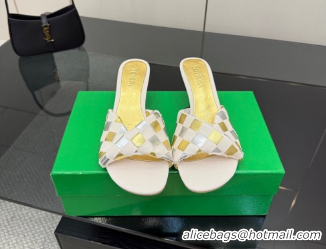 Good Quality Bottega Veneta Blink Heel Slides Sandals 6.5cm in Vichy Intrecciato Leather with Folded Detail Nude 0604025