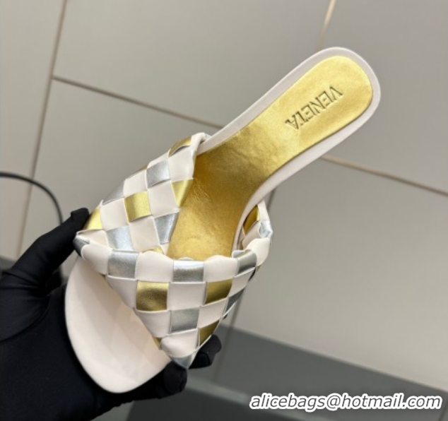 Good Quality Bottega Veneta Blink Heel Slides Sandals 6.5cm in Vichy Intrecciato Leather with Folded Detail Nude 0604025