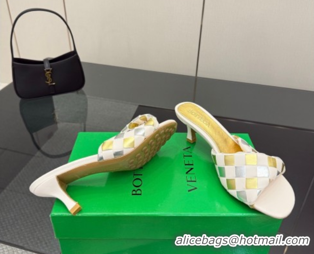 Good Quality Bottega Veneta Blink Heel Slides Sandals 6.5cm in Vichy Intrecciato Leather with Folded Detail Nude 0604025