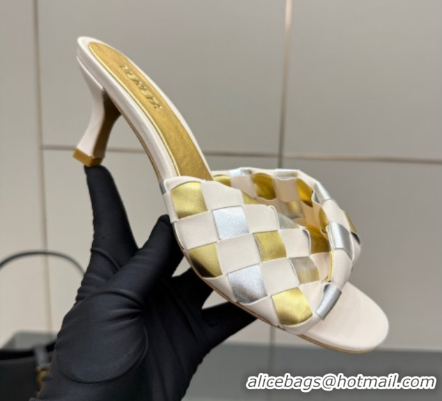 Good Quality Bottega Veneta Blink Heel Slides Sandals 6.5cm in Vichy Intrecciato Leather with Folded Detail Nude 0604025
