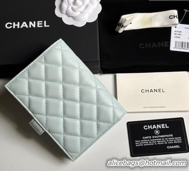 Cheapest Chanel Grained Calfskin Passport Cover A3658 Pale Green/Silver 2025