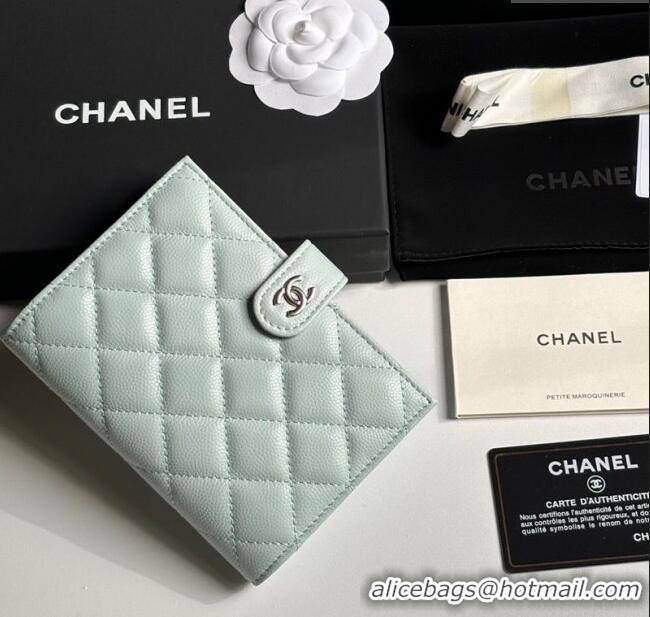 Cheapest Chanel Grained Calfskin Passport Cover A3658 Pale Green/Silver 2025