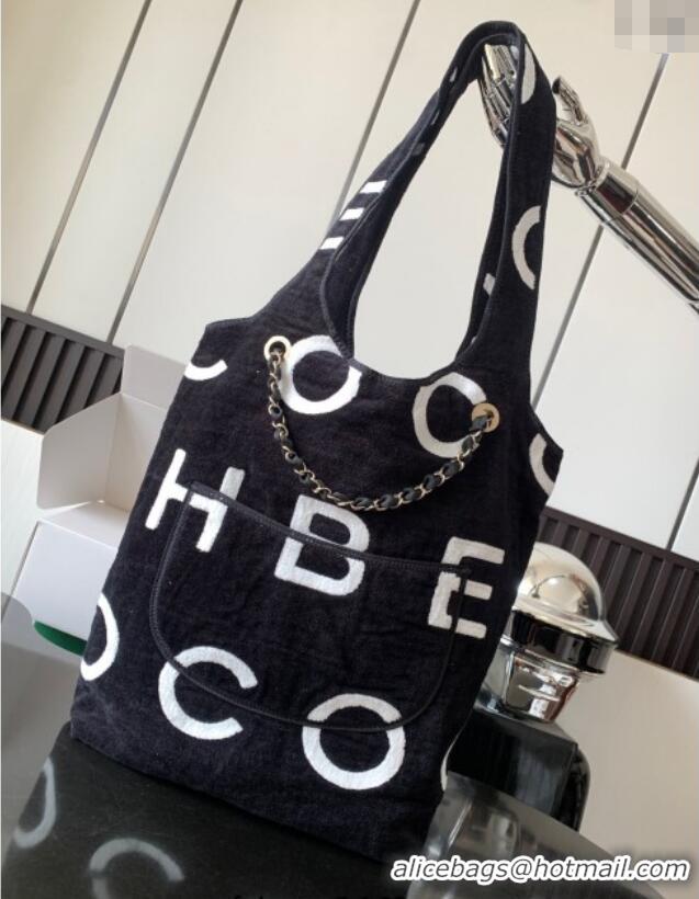 Good Quality Chanel Cotton Coco Beach Bag AA3846 Black/White 2025
