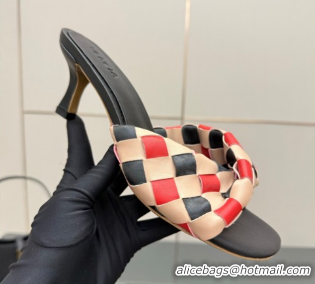 Cheap Price Bottega Veneta Blink Heel Slides Sandals 6.5cm in Vichy Intrecciato Leather with Folded Detail Black 0604031