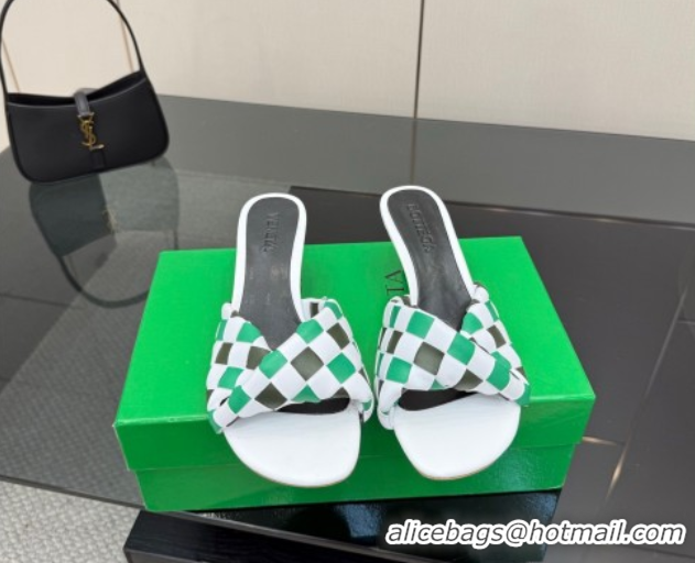 Durable Bottega Veneta Blink Heel Slides Sandals 6.5cm in Vichy Intrecciato Leather with Folded Detail Green 0604034