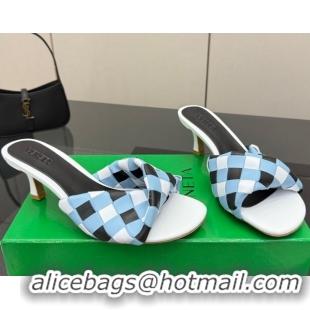 Best Product Bottega Veneta Blink Heel Slides Sandals 6.5cm in Vichy Intrecciato Leather with Folded Detail Blue 0604037